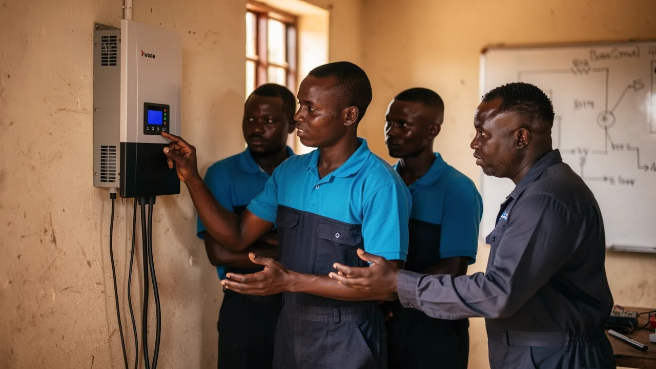 CHINT Uganda technicians in blue work polos around a wall-mounted Solis solar inverter during the April training session