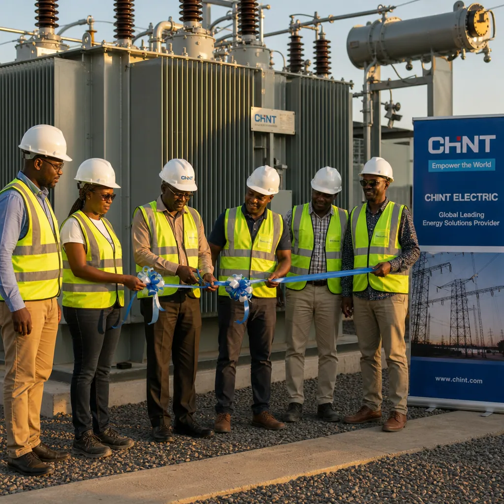 Six East African engineers and stakeholders in white hard hats and high-vis vests standing in a relaxed line in front of a freshly-installed transformer with a blue ribbon held between two engineers