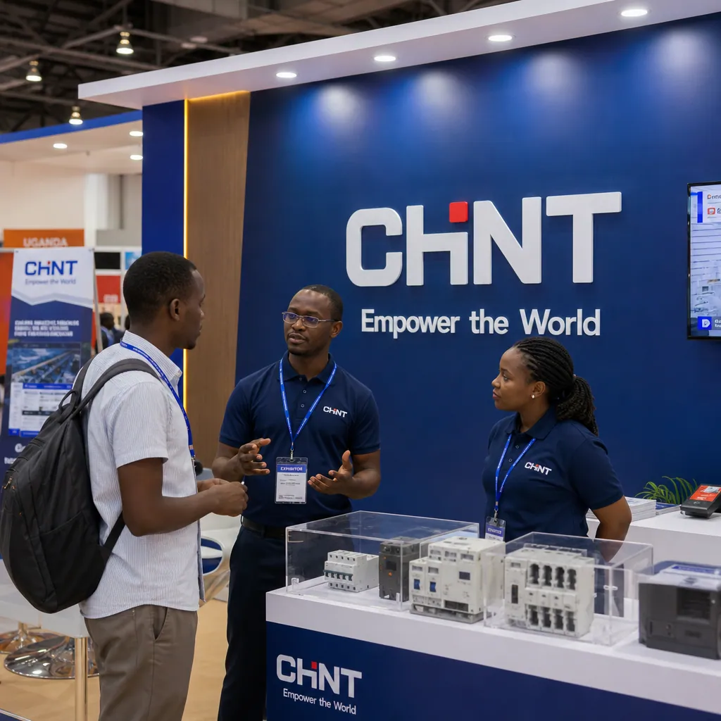 Trade show booth at a modern Kampala expo center with deep-blue accent walls, polished display plinths showing electrical products, and two booth staff greeting an East African visitor