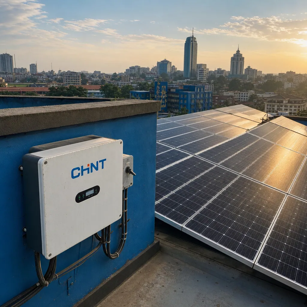 Rooftop solar PV array on a modern Kampala commercial building with glossy monocrystalline panels and a wall-mounted inverter cabinet