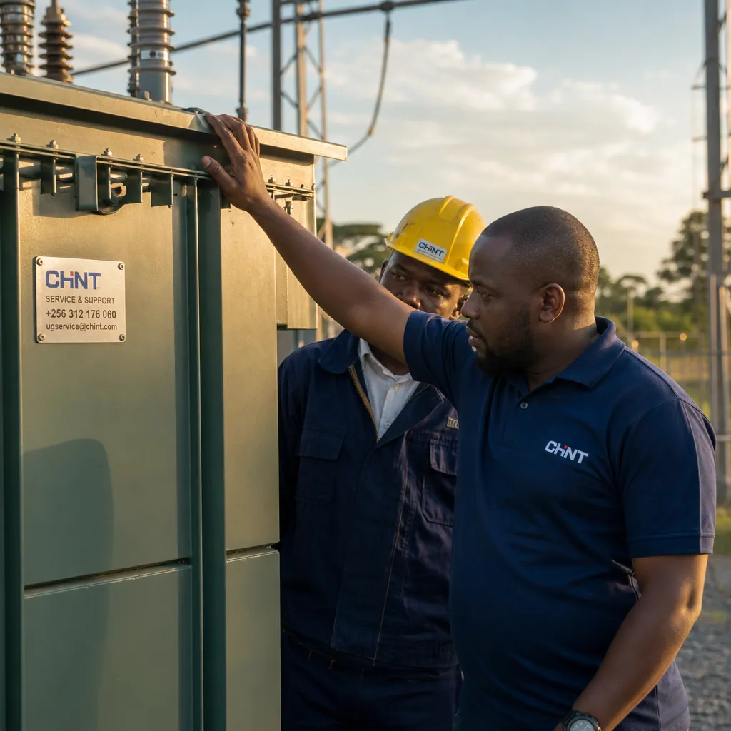 Two East African technicians in navy uniforms and yellow hard hats inspecting a green-grey transformer at a Ugandan substation at golden hour