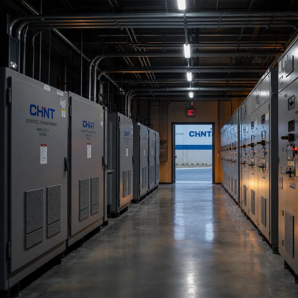 Wide overview of an industrial-park electrical room with two long parallel rows of grey switchgear cabinets and busbar trunking under overhead LED strips