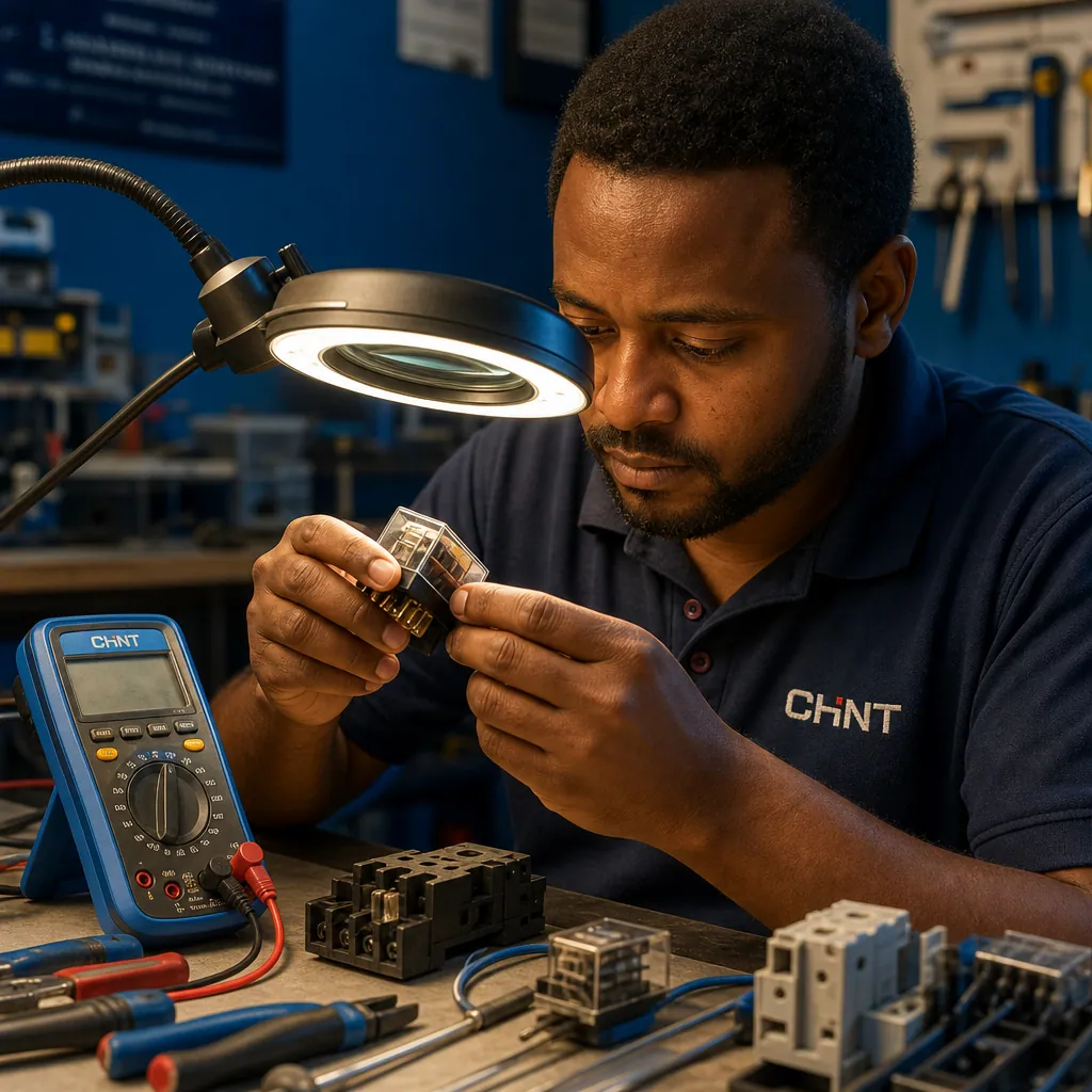 East African male technician in his thirties at a workshop service bench examining a small electrical relay under a magnifying lamp with neatly arranged tools