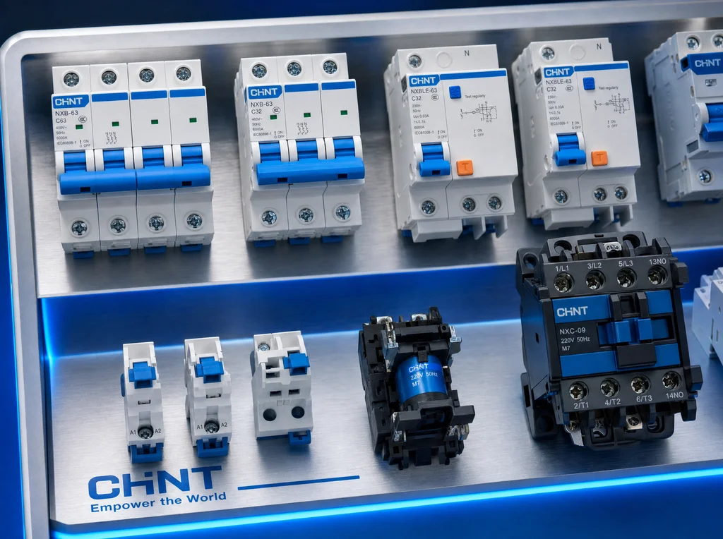 Array of CHINT spare parts on a brushed-metal display tray.