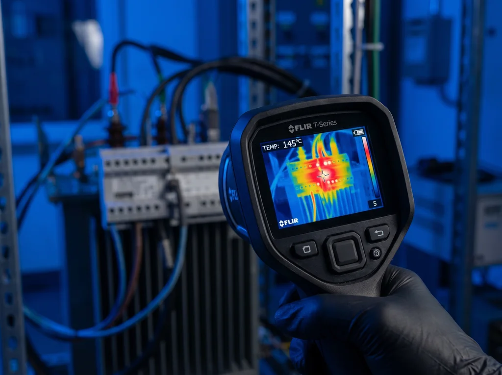 FLIR thermal imager screen showing heat-map of a transformer terminal block during an energy audit.