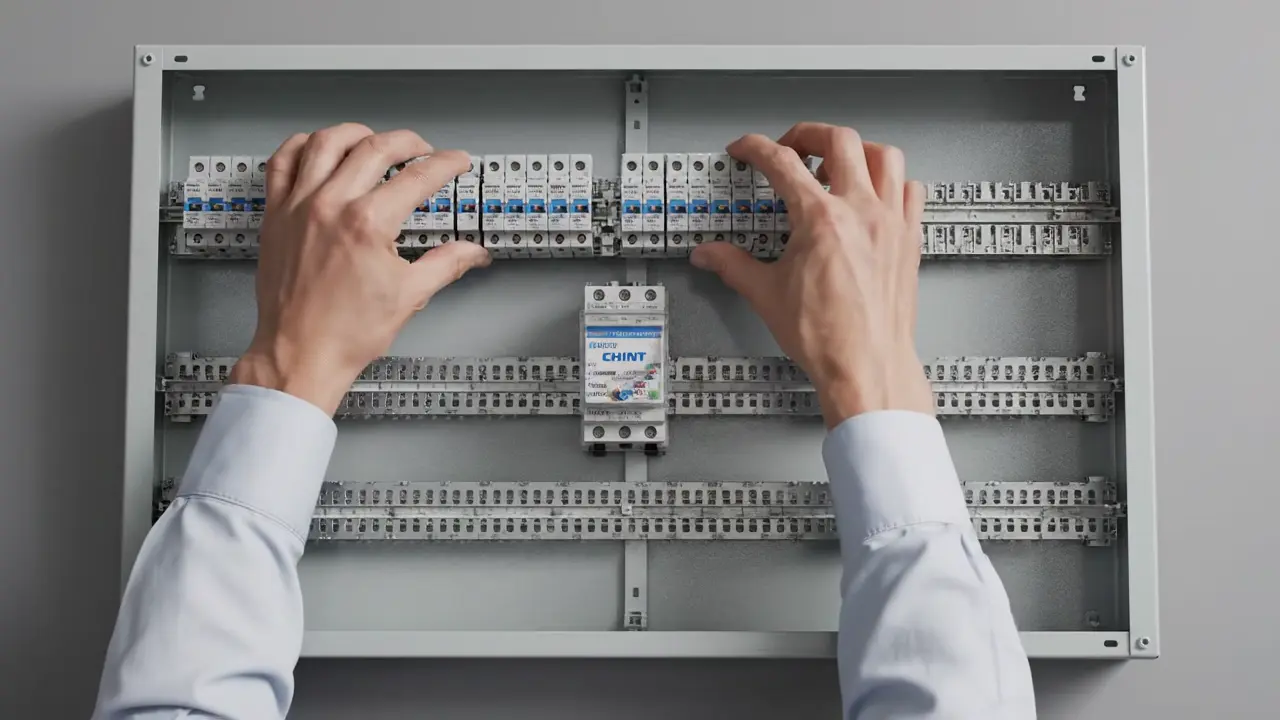 Timelapse-style assembly of a low-voltage distribution panel with DIN-rail mounted meters and MCBs