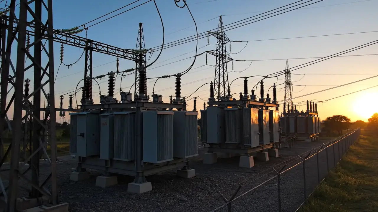 Ugandan electrical distribution substation at golden-hour sunset, transformer enclosures and transmission lines silhouetted against a deep blue and orange sky