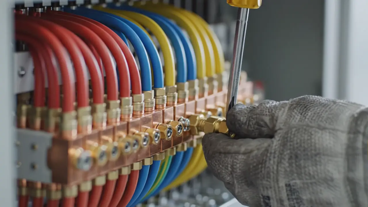 Close-up of an industrial main switchboard interior with copper busbars and color-coded cabling, an electrician's gloved hand torquing a terminal screw